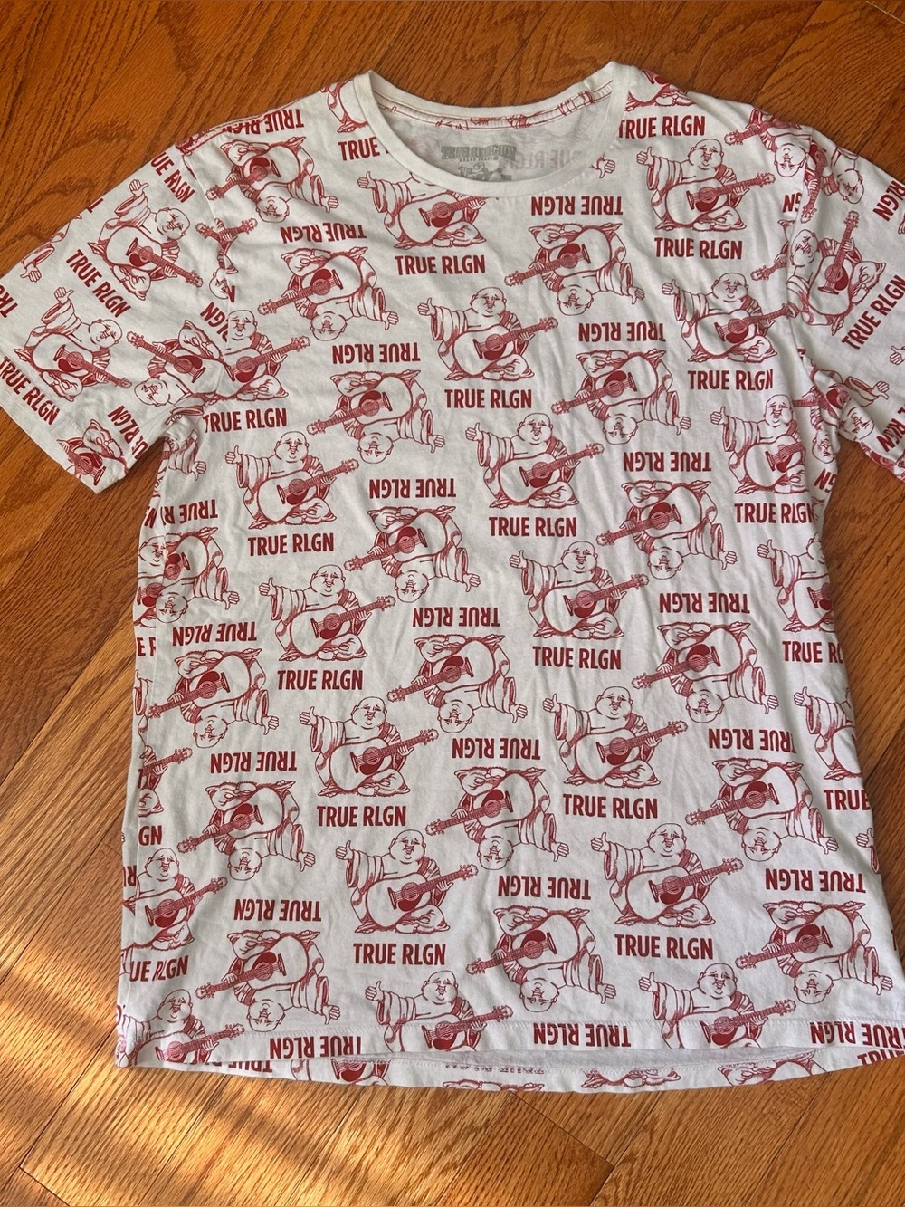 True Religion World Tour Buddha Guitar T-Shirt L White Red Graphic Tee Y2K Urban